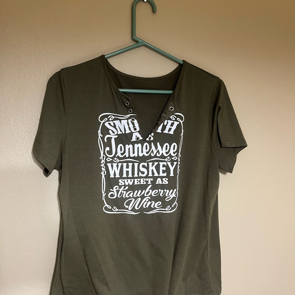 Olive Green Graphic Tee with Lace-Up V-Neck